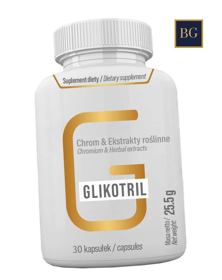 Glikotril — бяла бутилка със златен етикет: Chromium & Herbal extracts, 30 капсули, нетно тегло 25,5 g
