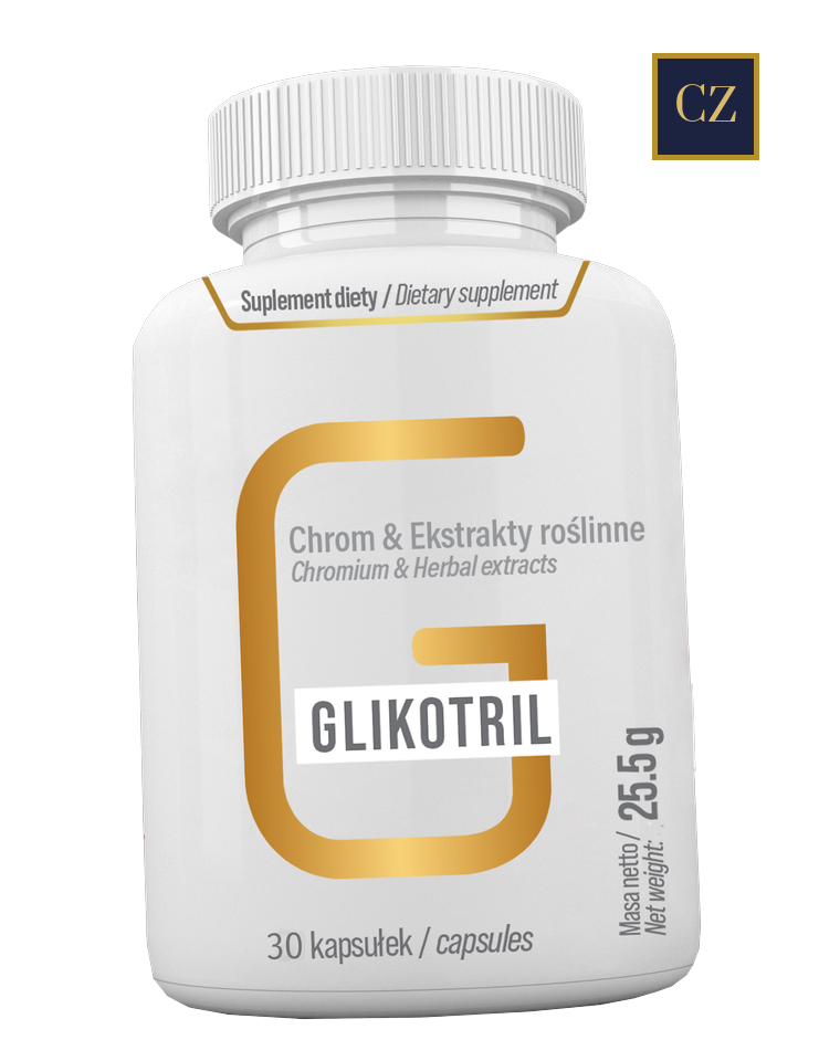 Glikotril — bílá lahvička se zlatou etiketou: Chromium & Herbal extracts, 30 kapslí, čistá hmotnost 25,5 g