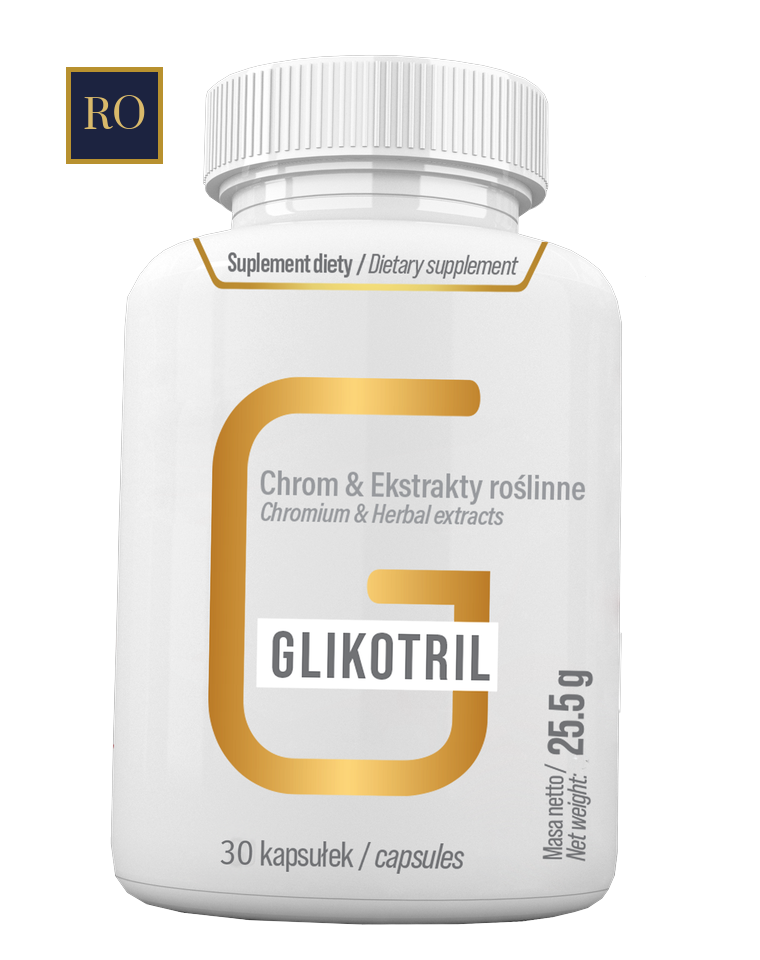 Glikotril — flacon alb cu etichetă aurie: Chromium & Herbal extracts, 30 de capsule, greutate netă 25,5 g
